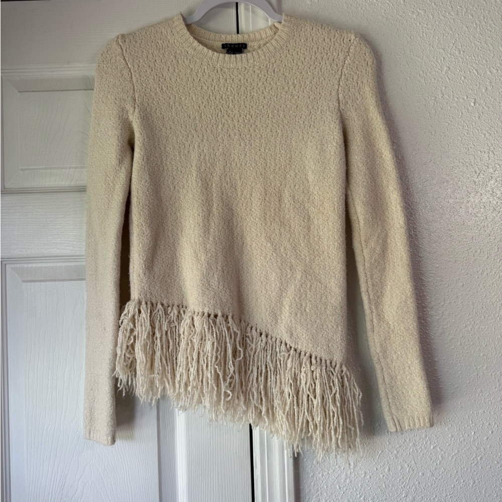 Theory 94% Merino Wool Cream Fringe Sweater